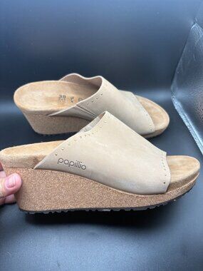 Papillio Birkenstock Wedge Sandals 38 7 Taupe Leather Studded Platform Slides EU